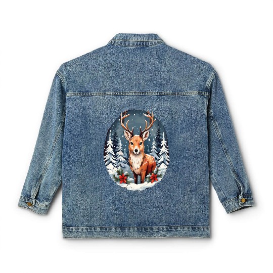 Christmas Deer with Poinsettia and Snow Classic Women's Denim Jackets
