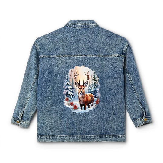 Christmas Deer with Poinsettia and Snow Classic Women's Denim Jackets
