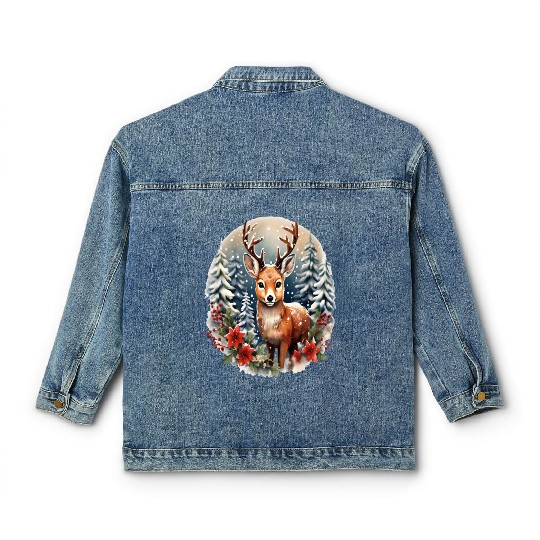 Christmas Deer with Poinsettia and Snow Classic Women's Denim Jackets