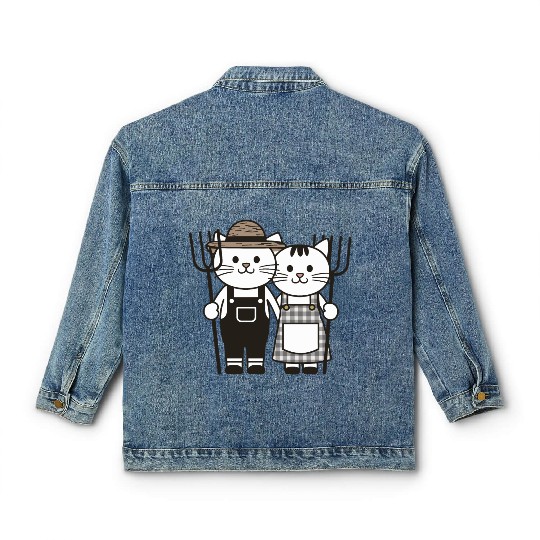 Farmer Cats Wearing Overalls and Gingham Dress Classic Women's Denim Jackets