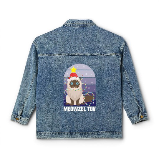 Meowzel Tov Hanukkah Black Cat Christmas Lights Classic Women's Denim Jackets