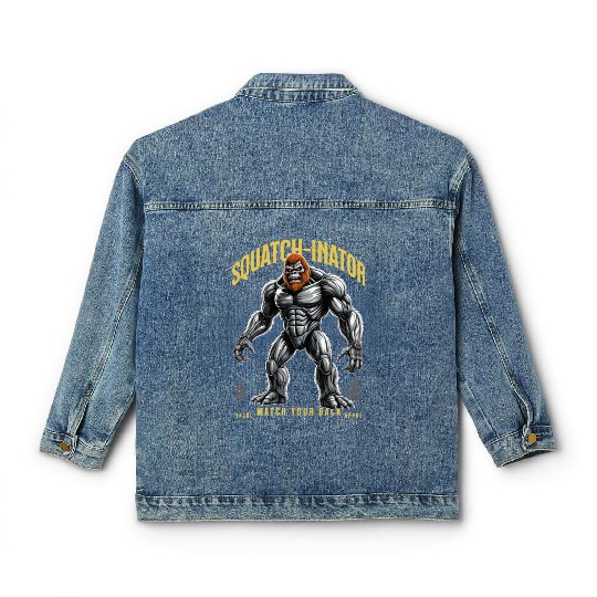 Retro Bigfoot Design, Sasquatch Robot Graphic Classic Women's Denim Jackets