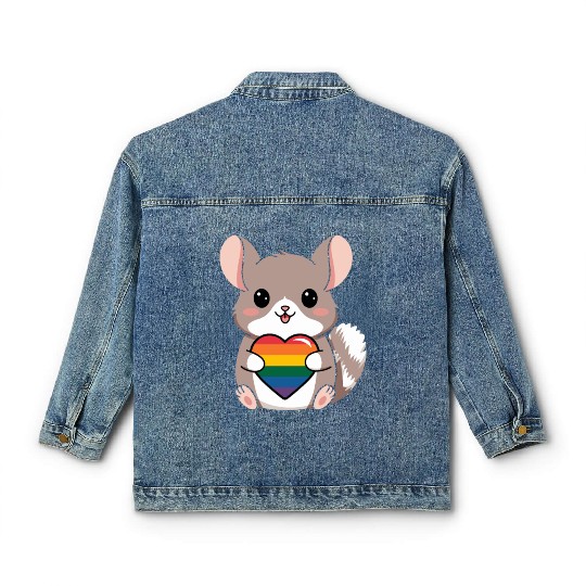 LGTBQ Chinchilla Holding Rainbow Heart Cute Pride Classic Women's Denim Jackets