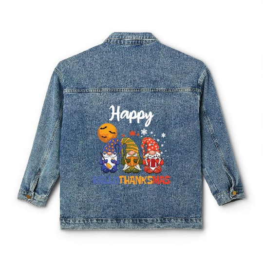 Happy Hallothanksmas Halloween Thanksgiving Gnome Classic Women's Denim Jackets