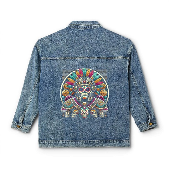 Aztec Warrior Mask with Tribal Art and Ancient Classic Women's Denim Jackets