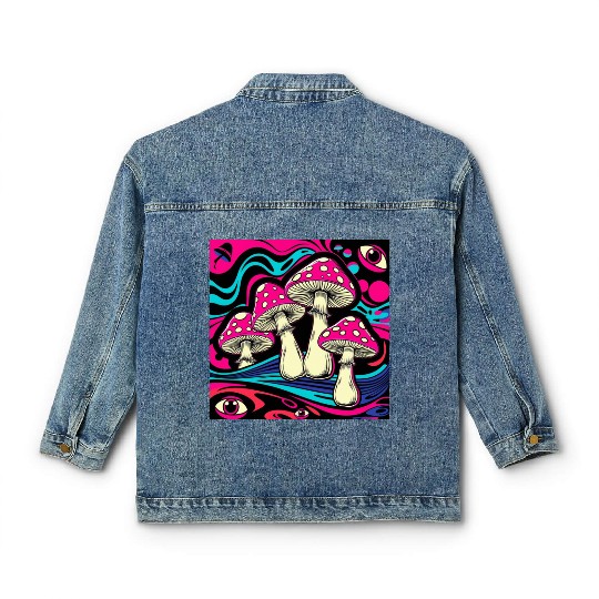 Psychedelic Shrooms: Neon Fungi Fantasy Classic Women's Denim Jackets