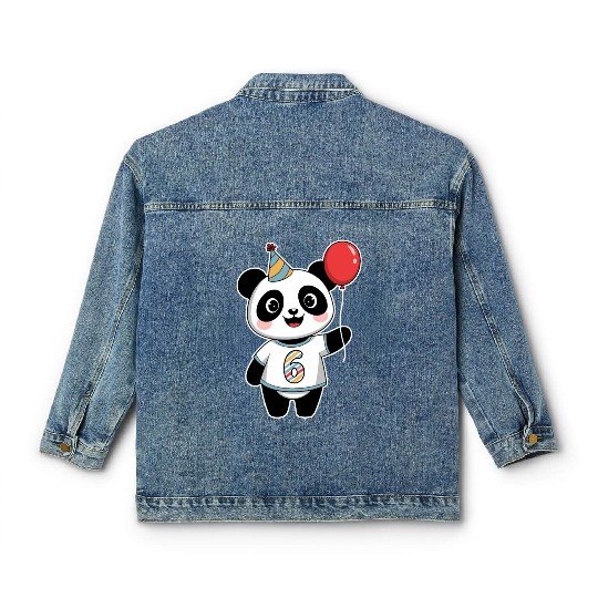 6th Birthday Panda Party Theme with Balloon Classic Women's Denim Jackets