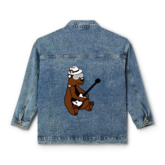 Cool Sitting Grizzly Brown Bear Playing Guitar Fun Classic Women's Denim Jackets