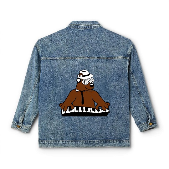 Grizzly Brown Bear Playing Keyboard Piano Music Classic Women's Denim Jackets