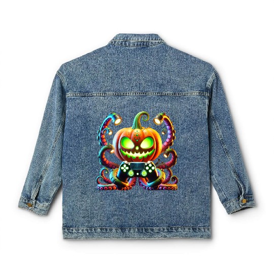Octopus Pumpkin Gamer with Glowing Halloween Vibes Classic Women's Denim Jackets