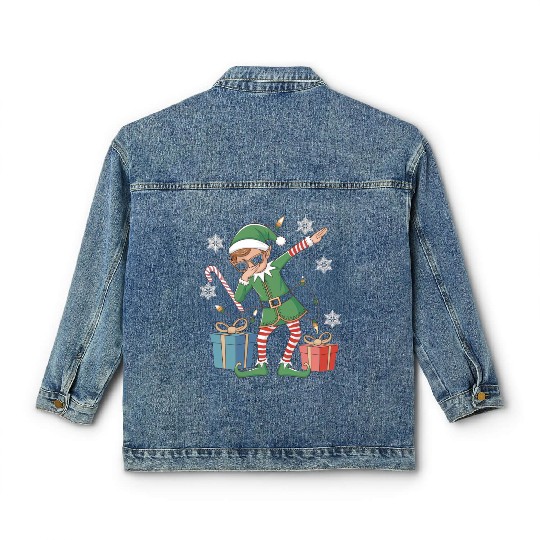 Dabbing Elf with Candy Cane and Gifts Classic Women's Denim Jackets