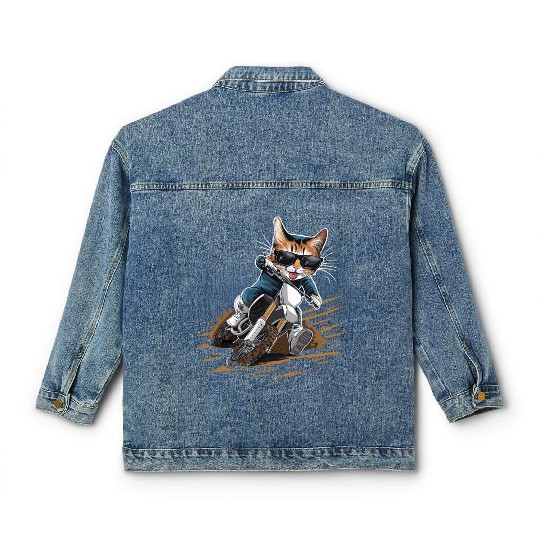 Cat Wearing Sunglasses Riding Dirt Bike Classic Women's Denim Jackets