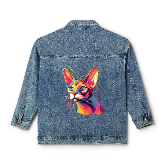 Cat Watercolor Colorful Abyssinian Cat Classic Women's Denim Jackets