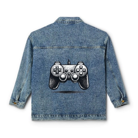 Gamer Controller Cartoon Charcoal Gaming Art Classic Women's Denim Jackets