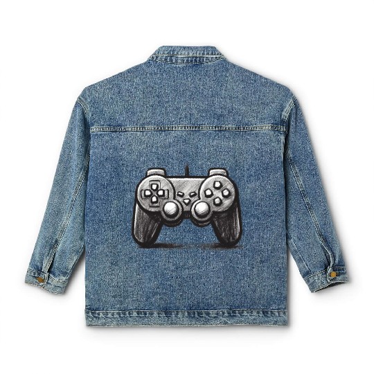 Gamer Controller Cartoon Charcoal Gaming Art 3 Classic Women's Denim Jackets