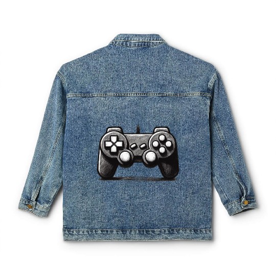 Gamer Controller Cartoon Charcoal Gaming Art 1 Classic Women's Denim Jackets