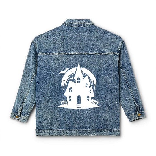 Bat Full Moon Haunted House Halloween Tattoo Classic Women's Denim Jackets