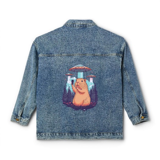 Funny Graphic Classic Women's Denim Jackets Capybara Selfie With Ufos Weird