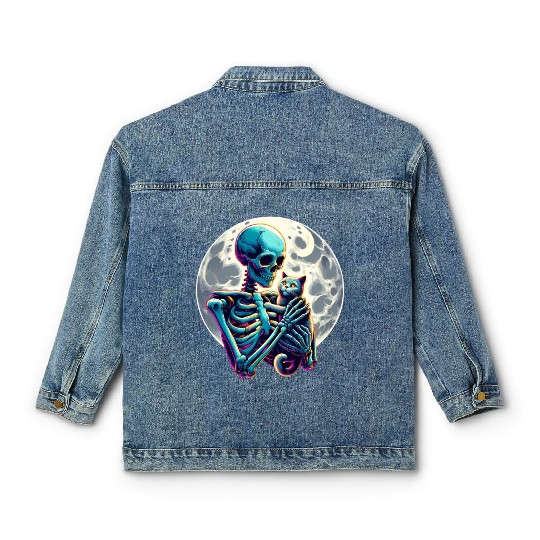 Skeleton Cute Cat Skull Kitty Halloween Classic Women's Denim Jackets