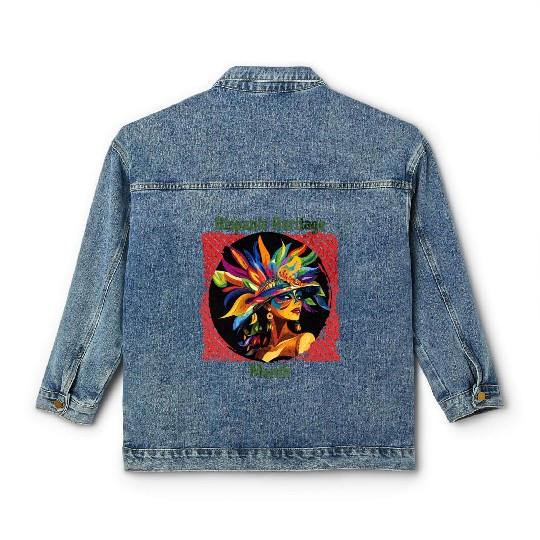 Elegant Hispanic Heritage Month Feathered Mask Classic Women's Denim Jackets