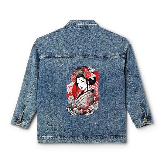 Elegant Geisha with Floral Kimono Classic Women's Denim Jackets