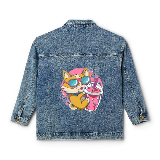 Kitten Kawaii Boba Milk Tea Drinking Cat Classic Women's Denim Jackets