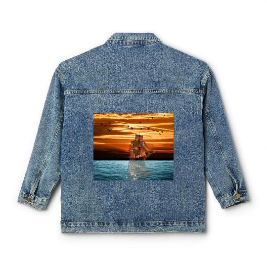 Pirate ship on sea Classic Women's Denim Jackets