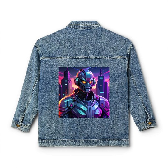 "Cyber Sentinel: Futuristic Robot in a Neon City" Classic Women's Denim Jackets