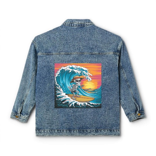Surfing Skeleton Vibes Surfing Lifestyle Retro Classic Women's Denim Jackets