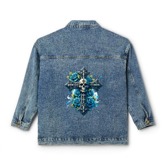 Gothic Collection - Cross, Skull & Blue Roses Classic Women's Denim Jackets