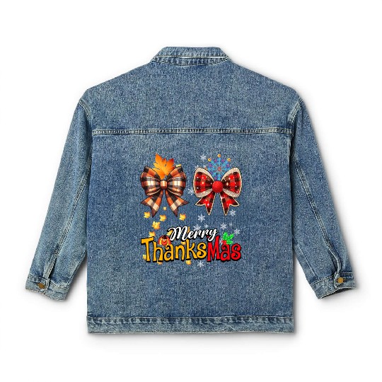 Merry Thanksmas plaid Coquette Bow Christmas Plaid Classic Women's Denim Jackets