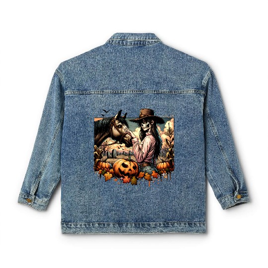 Haunting Cowgirl and Horse in Halloween Graveyard Classic Women's Denim Jackets