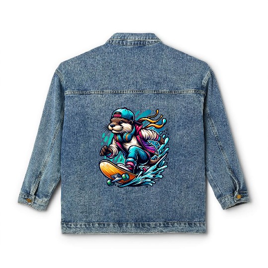 Cool Otter Skateboarding with Headphones Vibrant Classic Women's Denim Jackets