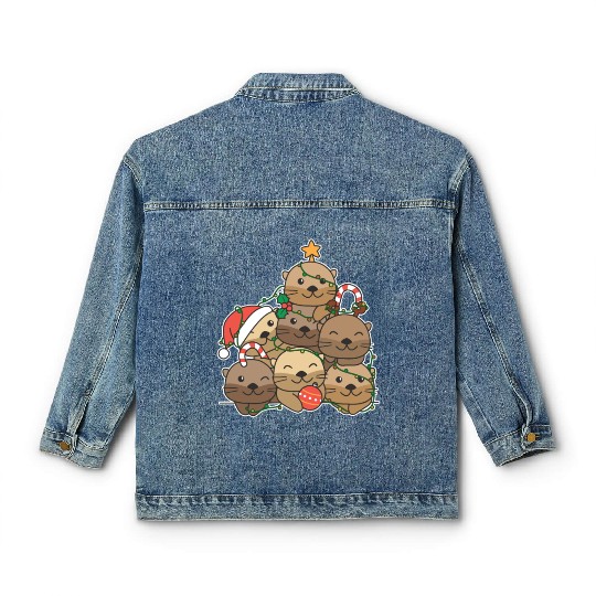 Otter Christmas Tree Funny Animal Christmas Classic Women's Denim Jackets
