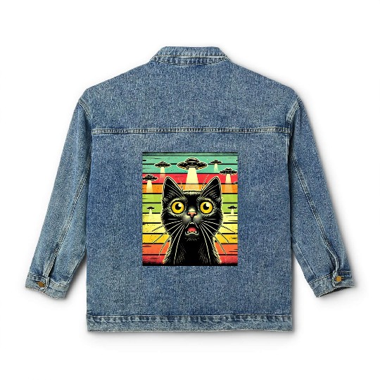 Fun Cat sunset Galaxy Cat Spaceship Alien Cat UFOs Classic Women's Denim Jackets