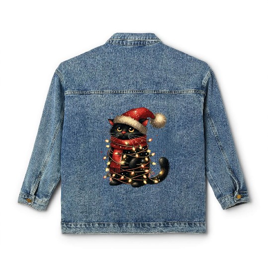 Black Cat In Christmas Light, Cat Lights Classic Women's Denim Jackets