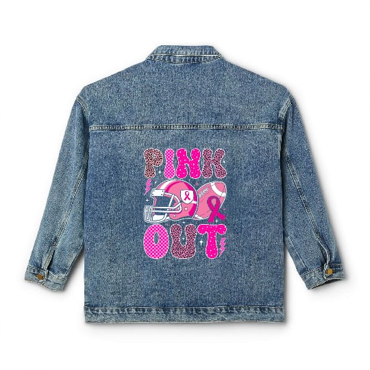Pink Out Breast Cancer Football Mom Girls Women Classic Women's Denim Jackets