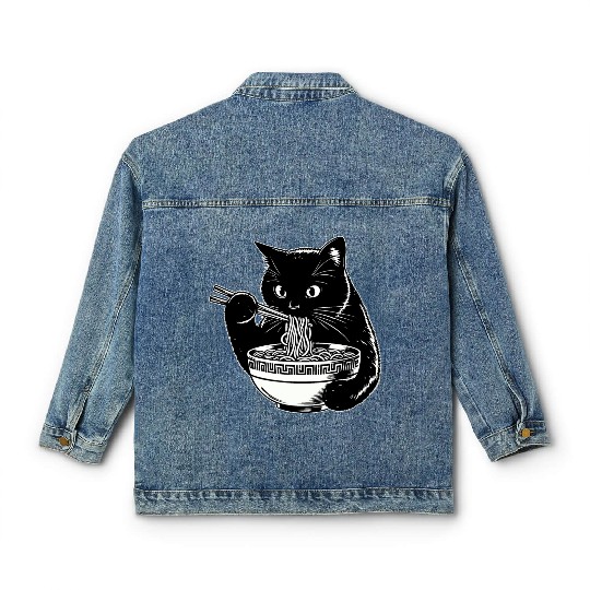 Cat Eating Ramen Noodles Japanese Funny Classic Women's Denim Jackets