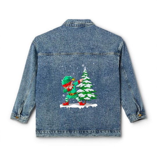 Dabbing Elf Christmas Tree Lights Xmas Family Classic Women's Denim Jackets