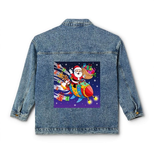 Reindeer with father christmas and spaceship Classic Women's Denim Jackets