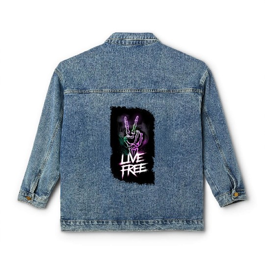 "Live Free Neon Skeleton Hand Design" Classic Women's Denim Jackets