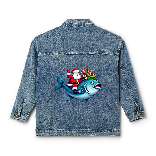 Santa on Bass Merry Fishmas Fishing Christmas Classic Women's Denim Jackets