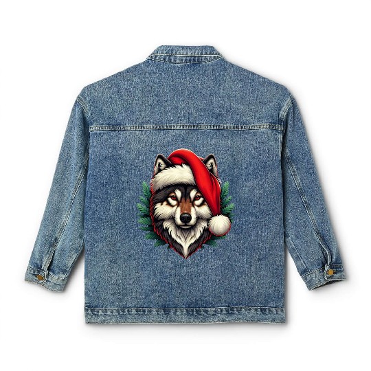 Wolf Santa Hat Xmas Wild Animal Christmas Lover Classic Women's Denim Jackets