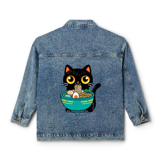 Funny Cat Eating Ramen Japanese Cat Ramen Noodles Classic Women's Denim Jackets