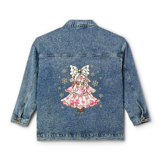 Preppy Pink Coquette Bow Xmas Tree Classic Women's Denim Jackets