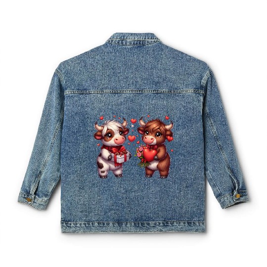 Cute cartoon valentines highland cow Classic Women's Denim Jackets