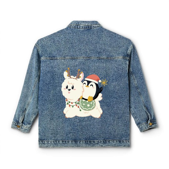 Alpaca and penguin celebrate Christmas Classic Women's Denim Jackets