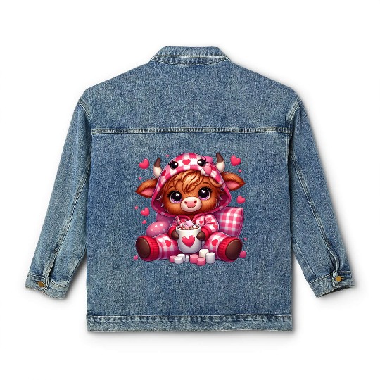 Cute cartoon valentines highland cow Classic Women's Denim Jackets