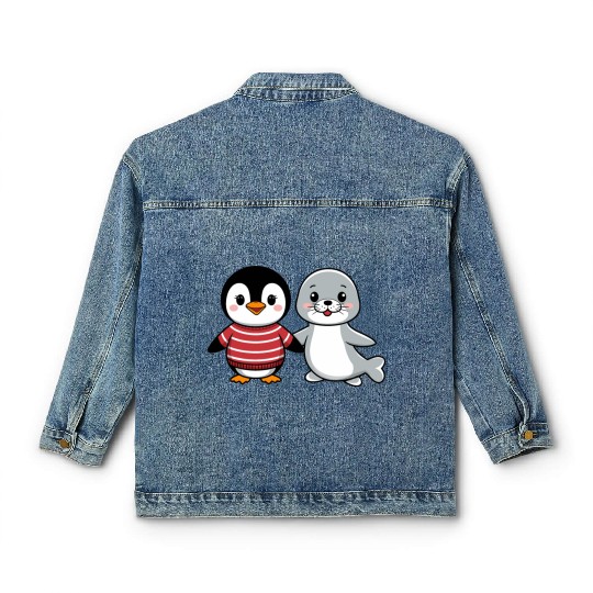 Penguin and Seal Friends holding hands Classic Women's Denim Jackets