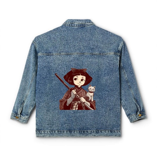 Chibi Samurai Warrior Cat Companion & Blossoms Classic Women's Denim Jackets